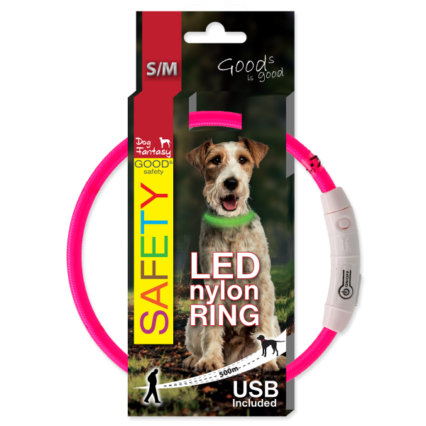 Obojek DOG FANTASY světelný USB růžový 45 cm